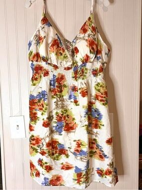 She’s Cool Floral Spaghetti-Strap Sundress in White with Red & Blue Flowers 2x